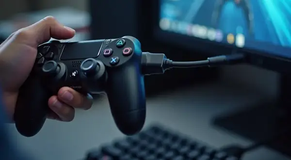 Dłoń trzymająca czarny pad PS4 podłączony kablem do komputera.