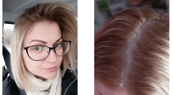 Kobieta z okularami i jasnymi, blond włosami. Widoczne odrosty na głowie.
