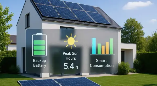 Casa con pannelli fotovoltaici sul tetto, batteria di backup e grafico di consumo intelligente.