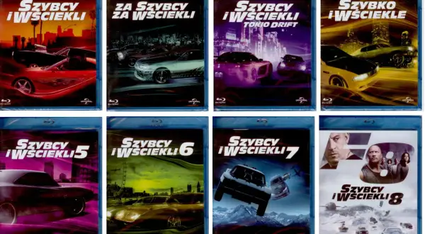 Kolekcja filmów Szybcy i wściekli na Blu-ray: od klasyków z samochodami po epickie pościgi.