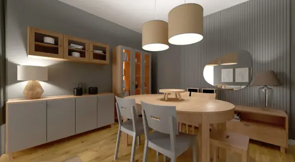 Nowoczesny salon z jadalnią: drewniany stół, szare krzesła, komody i wiszące szafki. Gotowe projekty salonu inspirują do stworzenia przytulnej przestrzeni.