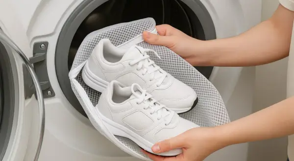 Para przygotować pranie butów w pralce, białe sneakersy wkładane są do siatkowej torby.