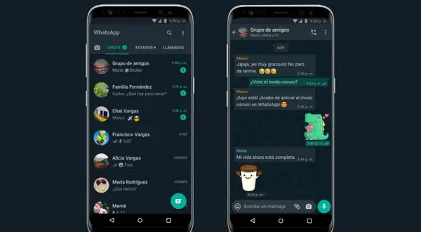 Dwa telefony z WhatsApp w trybie ciemnym. Na jednym ekranie lista czatów, na drugim rozmowa. Dowiedz się, jak wyłączyć tryb ciemny w telefonie.