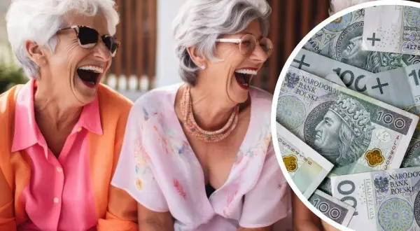 Uśmiechnięte seniorki cieszą się życiem, a obok nich polskie banknoty symbolizujące dobre emerytury dla nauczycieli.