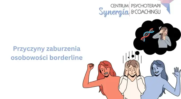 Ilustracja przedstawia przyczyny zaburzenia osobowości borderline: emocjonalne burze, stres i genetyczne uwarunkowania.