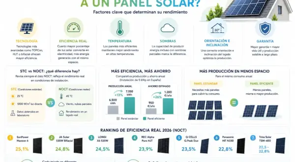Infografía sobre factores que determinan el **rendimiento** de **placas solares**, incluyendo tecnología, temperatura, sombras, orientación, inclinación y garantía.