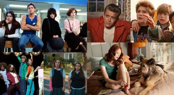 Kolaż scen z filmów dla nastolatków: "The Breakfast Club", "Buntownik bez powodu", "Goonies", "High School Musical", "Lady Bird", "Easy A".