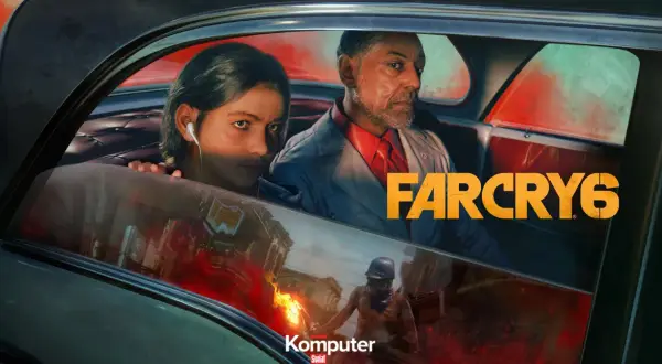 Far Cry 6: sprawdzamy wymagania gry, gdy młody chłopak i starszy mężczyzna jadą samochodem przez płonące miasto.