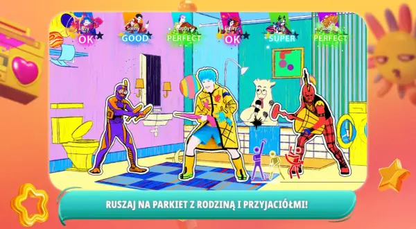 Kolorowi tancerze w kreskówkowym stylu tańczą w łazience, z ocenami "OK", "GOOD", "PERFECT", "SUPER".