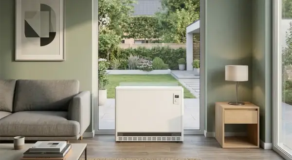 Moderner Heizkörper im Wohnzimmer mit Blick auf den Garten. Ein Austausch von Nachtspeicherheizungen ist oft eine gute Idee.
