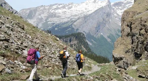 Trois randonneurs se baladent sur un sentier rocailleux, admirant les montagnes enneigées et les vallées verdoyantes.