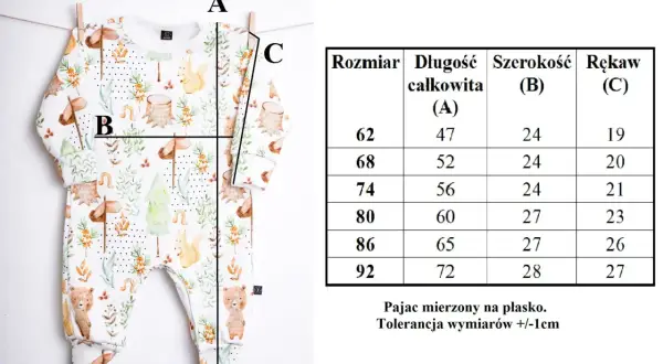 Tabela rozmiarów pajaca z motywem leśnym. Sprawdź, jaki rozmiar dla noworodka będzie najlepszy, porównując wymiary A, B, C.
