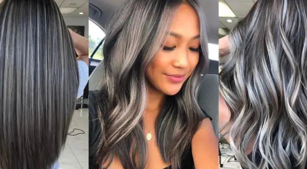 Mechas plateadas y grises para disimular canas, creando un look moderno y natural en diferentes estilos de cabello.