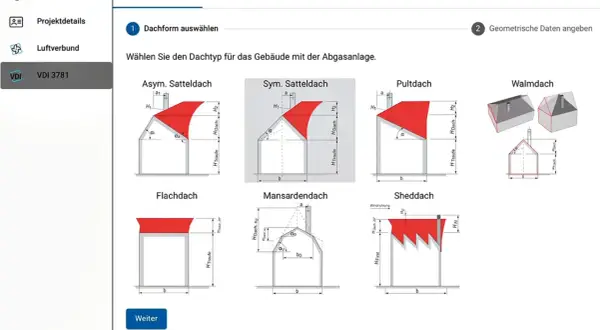 Software zur Berechnung von **ableitbedingungen schornstein**. Auswahl verschiedener Dachformen für Gebäude mit Abgasanlage.