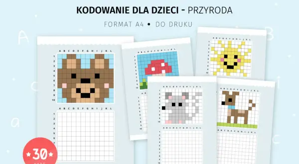 Zestaw kart do kodowania do wydruku z motywami przyrodniczymi: miś, grzyb, słońce, myszka, piesek. Idealne do nauki przez zabawę.