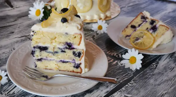 Ein Stück saftiger Zitronen-Blaubeerkuchen mit cremigem Frosting, garniert mit kandierten Zitronenscheiben und frischen Blaubeeren.