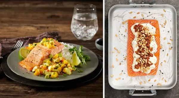 Laxfilé med mangosalsa och ris, samt en annan laxfilé med krämig topping och pinjenötter. Ett inspirerande fisk recept!