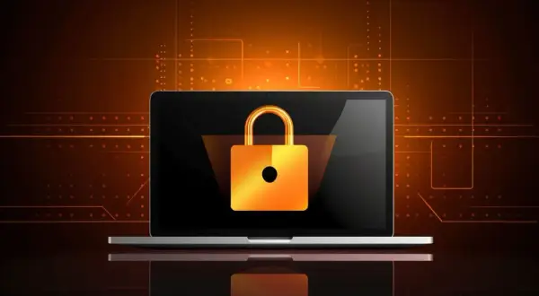 Laptop z pomarańczową kłódką symbolizującą bezpieczeństwo danych, w tle cyfrowy wzór. Szyfrowanie RSA zapewnia ochronę.
