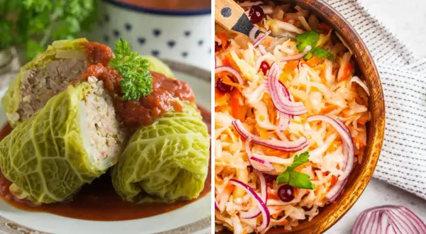 Rollitos de col rellenos y ensalada de col con cebolla morada. Dos deliciosas recetas con col para inspirarte.