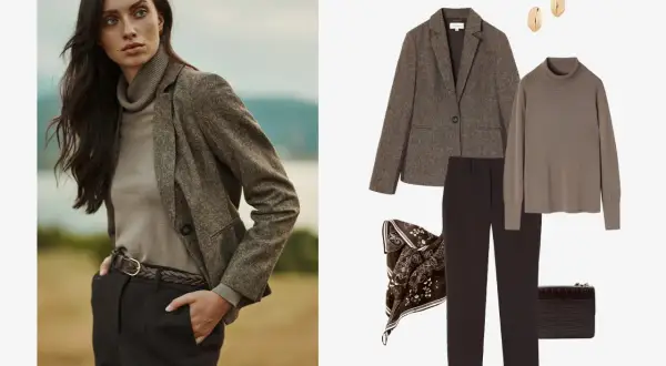 Elegancka stylizacja: jak nosić golf damski z marynarką, spodniami i akcesoriami.