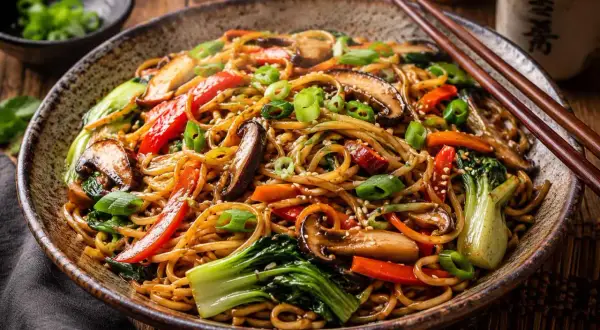 Pyszny makaron tajski z warzywami: grzybami shiitake, papryką, marchewką i pak choi, posypany szczypiorkiem i sezamem.