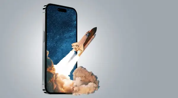 Rakieta startuje z ekranu telefonu, symbolizując nagłe zerwanie połączenia. Brak internetu podczas rozmowy.