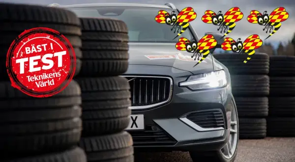 Bästa i test: Bilar med låg ljudnivå testas. Fyra glada bin flyger runt en bil, omgiven av däck.