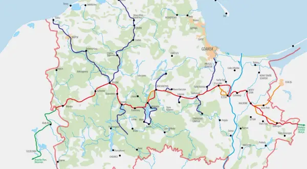 Mapa przedstawia sieć **tras rowerowych Pomorze**, łączących m.in. Gdańsk, Słupsk, Lębork i Chojnice.