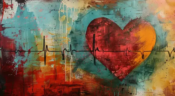 Abstrakcyjne serce z linią EKG, symbolizujące bicie serca i życie.
