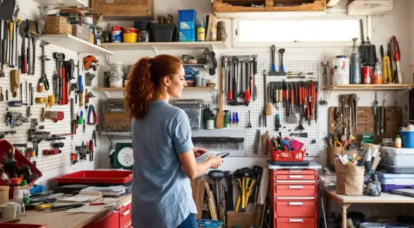 Une femme organise son garage avec une astuce rangement outils garage : tout est accroché sur des panneaux perforés.