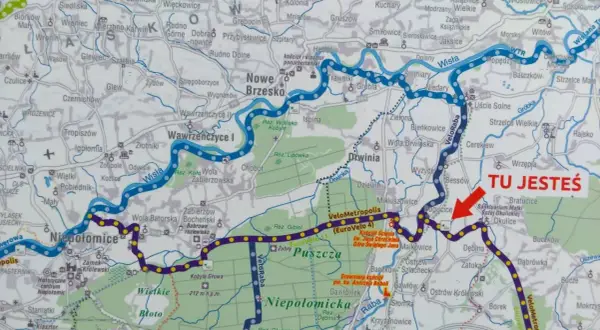 Mapa szlaku rowerowego VeloMetropolis z zaznaczoną trasą EuroVelo 11 i 4. Czerwona strzałka wskazuje "TU JESTEŚ" w okolicach Bogucic.