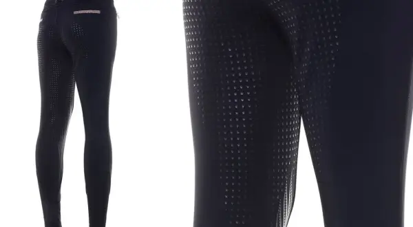 Granatowe bryczesy legginsy z pełnym silikonowym lejem w kropki, idealne dla każdej jeźdźczyni.