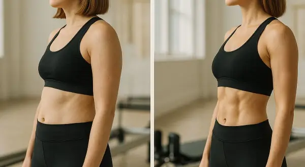 Porównanie sylwetki przed i po ćwiczeniach pilates. Widoczne wyraźne pilates efekty przed i po, zwłaszcza na brzuchu.
