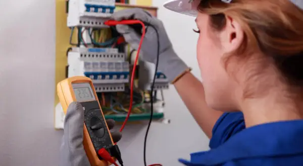 Elektryk w białym kasku wykonuje obowiązkowy przegląd instalacji elektrycznej w domu jednorodzinnym, używając multimetru.