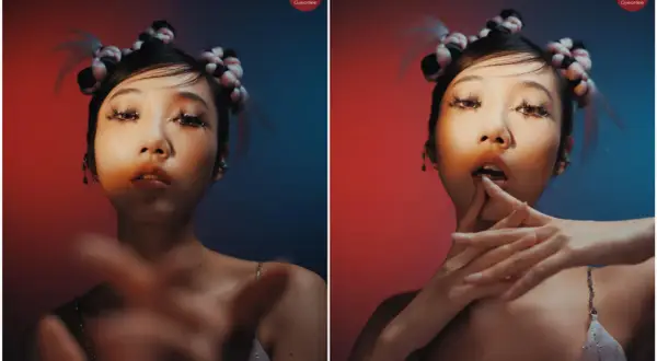 Split image shows a woman with braided buns. Left side uses harsh lighting, right side uses soft lighting, creating different moods.