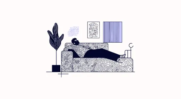 Mężczyzna leży na kanapie, pogrążony w myślach. Ilustracja symbolizuje prokrastynację i psychologię odkładania zadań na później.