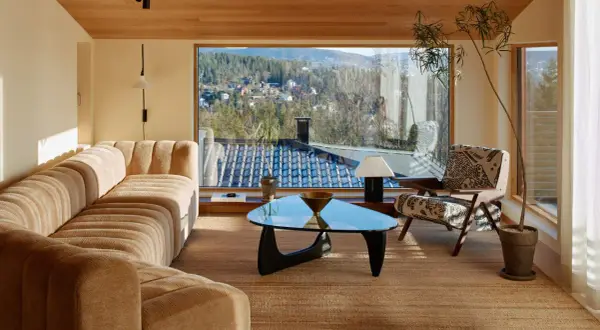 Gemütliches Wohnzimmer im midcentury stil mit einem geschwungenen Sofa, einem Glas-Couchtisch und einem Sessel mit Muster. Große Fenster bieten Blick auf eine bewaldete Hügellandschaft.