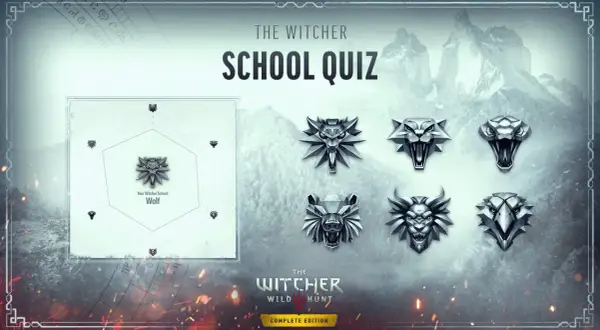 Quiz "Szkoły Wiedźmińskie" z symbolami wilka, węża, niedźwiedzia i gryfa. Wynik: Szkoła Wilka.