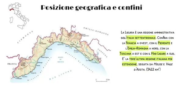 La Liguria, con le sue colline, confina con Francia, Piemonte, Emilia-Romagna, Toscana e Mar Ligure. È la terzultima regione italiana per estensione.