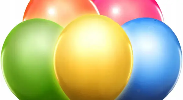 Pięć kolorowych, błyszczących balonów: pomarańczowy, zielony, żółty, różowy i niebieski. Te balony neonowe wyglądają jak tęcza.