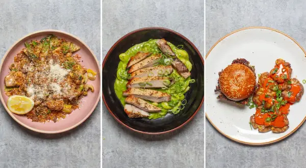 Festival food shopping list inspiration: crispy chicken with green sauce, a burger with smashed potatoes, and a pasta dish with lemon.