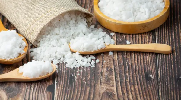 Sal marina para que sirve: realza sabores, conserva alimentos y es un básico en la cocina. Aquí, granos gruesos en cucharas y cuenco.