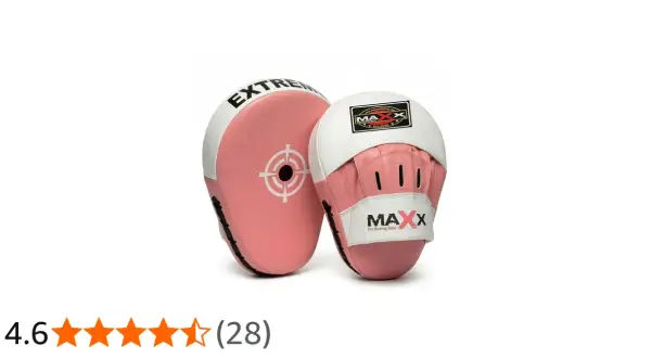 Pink and white boxing pads, perfect for training. Learn how to hold pads for boxing with these durable MAXX Pro Boxing Gear mitts.