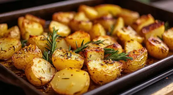 Goldbraune, knusprige Ofenkartoffeln mit Schale und Rosmarin auf einem Blech.