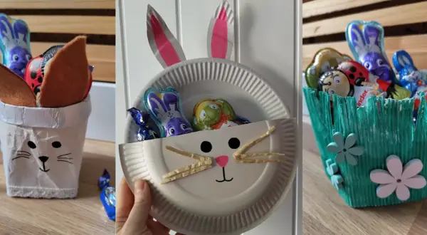 Drei süße Ideen zum Osternest basteln mit Kindern: ein Hasenbecher, ein Teller-Osterhase und ein grüner Osterkorb, gefüllt mit Schokohasen.