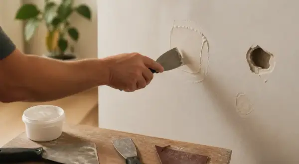 Main tenant utilise un enduit de rebouchage pour réparer un trou dans le mur. Des outils de bricolage sont visibles sur la table.
