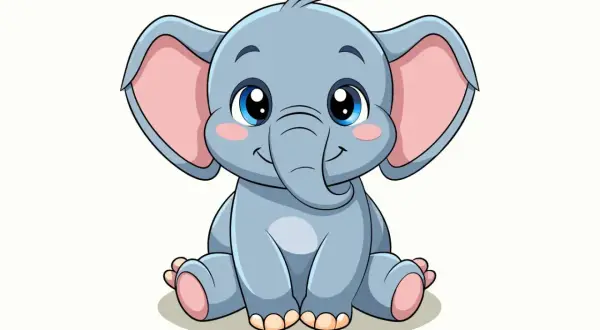 Elefante bebé azul, con grandes orejas rosadas y ojos brillantes. Ideal para copias para niños de 7 a 8 años.