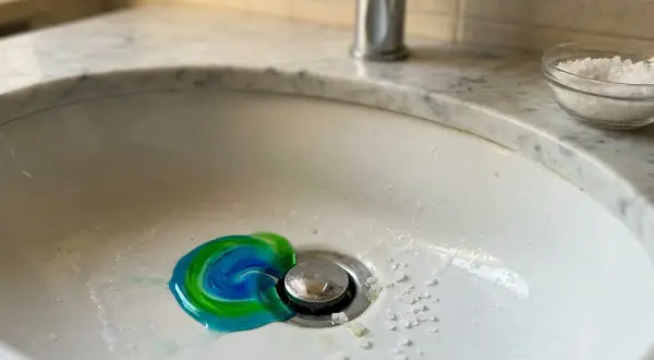 Un lavandino con un vortice di sapone blu e verde vicino allo scarico, e del sale grosso per sturare lavandini sparso sul bordo.