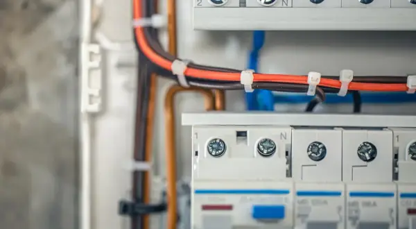 Szczegółowy widok podłączenia rozdzielnicy elektrycznej. Widać kable, bezpieczniki i zaciski.
