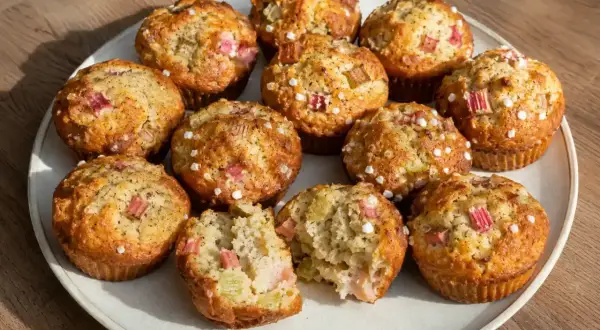 Fredriks rabarbermuffins, gyllene och toppade med pärlsocker, ser ljuvliga ut. En muffin är uppdelad och visar saftig rabarber.